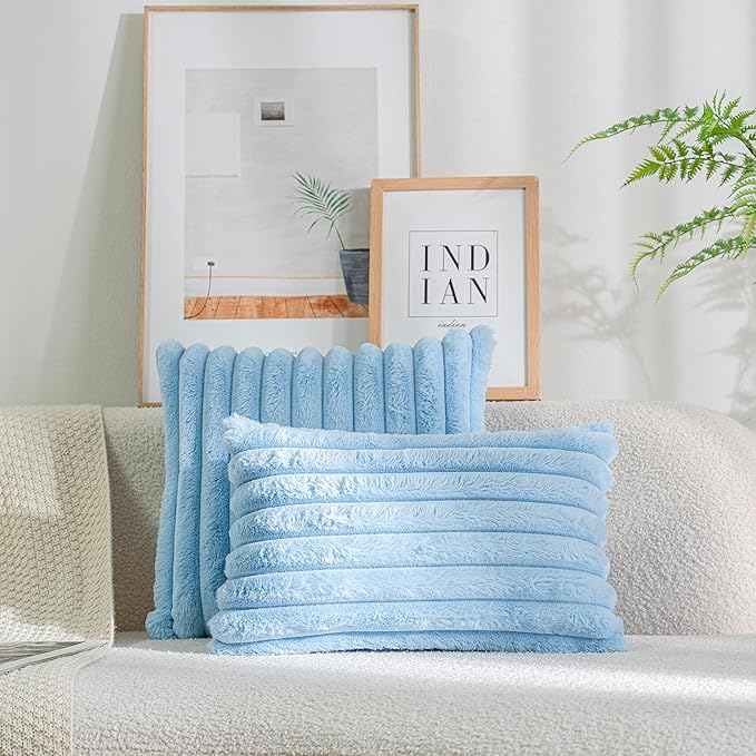 DEELAND Pack of 2,Double-Sided Faux Fur Plush Decorative Throw Pillow Covers Fuzzy Striped Soft Pillowcase Cushion Covers for Sofa Couch Bedroom Lightblue 12x20 inch