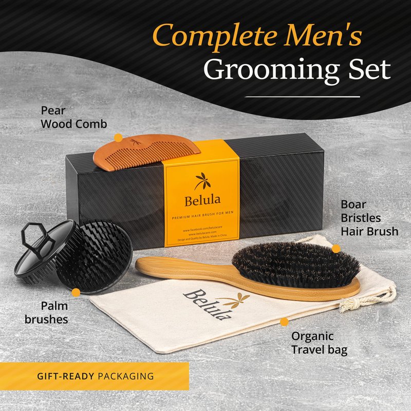 Belula Boar Bristle Hair Brush Set for Men - Soft Mens Hair Brush for Thin, Normal & Short Hair - Includes Wooden Comb, 2 Palm Brushes & Travel Bag - Best Hair Brushes for Men!