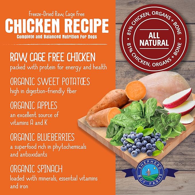 Shepherd Boy Farms Freeze Dried Raw Dog Food, Chicken Recipe, All Natural, No Synthetics, Made in USA with Goat's Milk & Organic Produce, High Protein, Complete Meal (14oz)