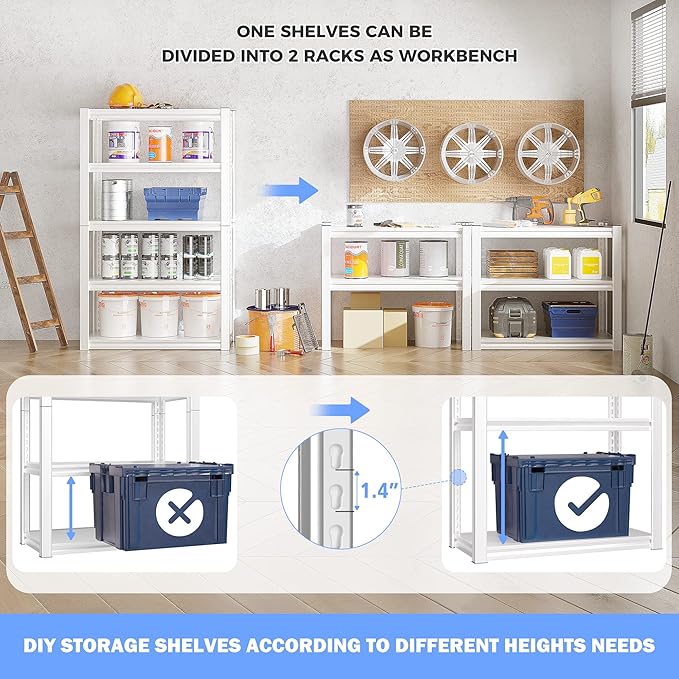 Raybee Garage Shelving Heavy Duty White Garage Storage Shelves 2010LBS Adjustable Heavy Duty Shelving 5 Tier Metal Shelves for Kitchen Pantry 4 Pack