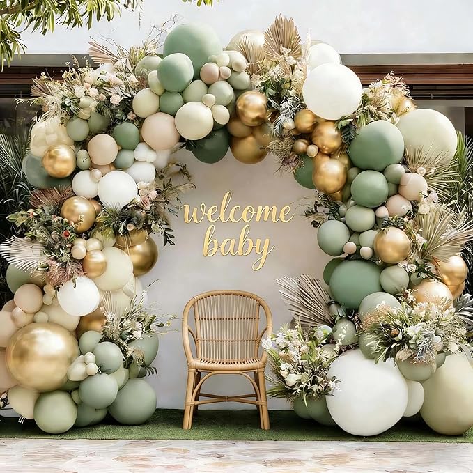 Dusty Green White Gold Balloon Garland Double Stuffed Light Sage Green White Sand Beige Balloon Arch Kit Olive Cream Metallic Balloons for Baby Bridal Shower Birthday Wedding Wild One Party Decor