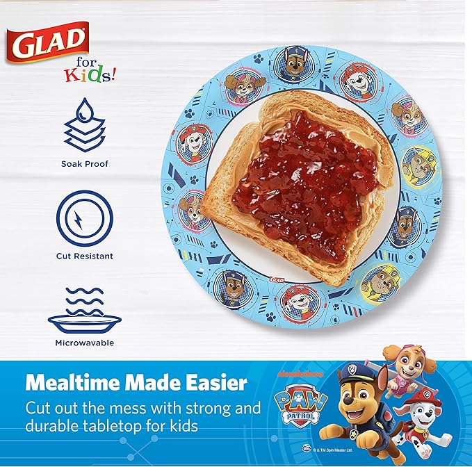 Glad for Kids Paw Patrol Disposable Paper Plates, Heavy Duty Soak Proof Microwavable Kids Plates for Parties, Birthdays, and Everyday Meals, Core Pups Blue, 7 Inch, 20 Count