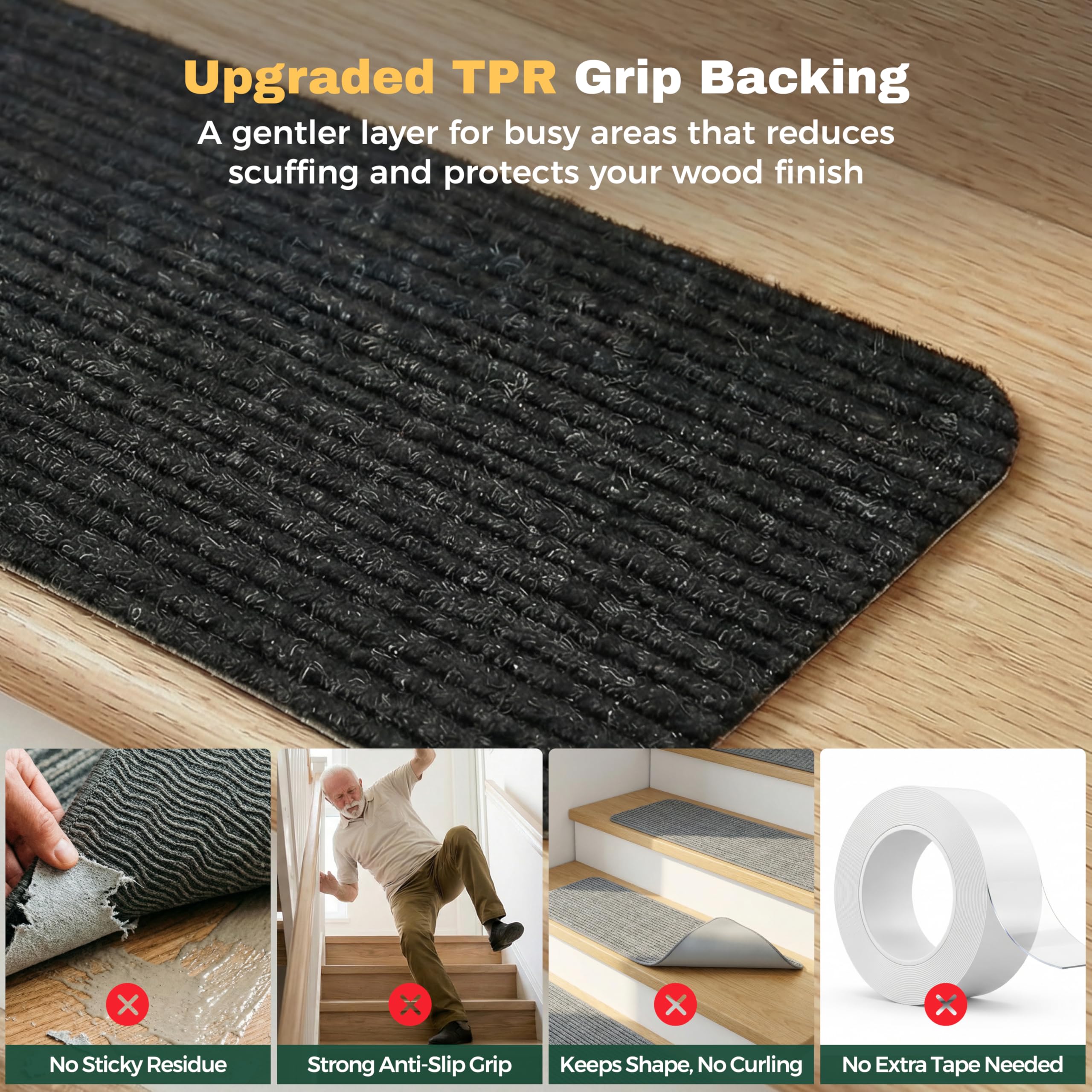 MBIGM Carpet Stair Treads for Wooden Steps, Black, 8 x 30 in, 15 Pack