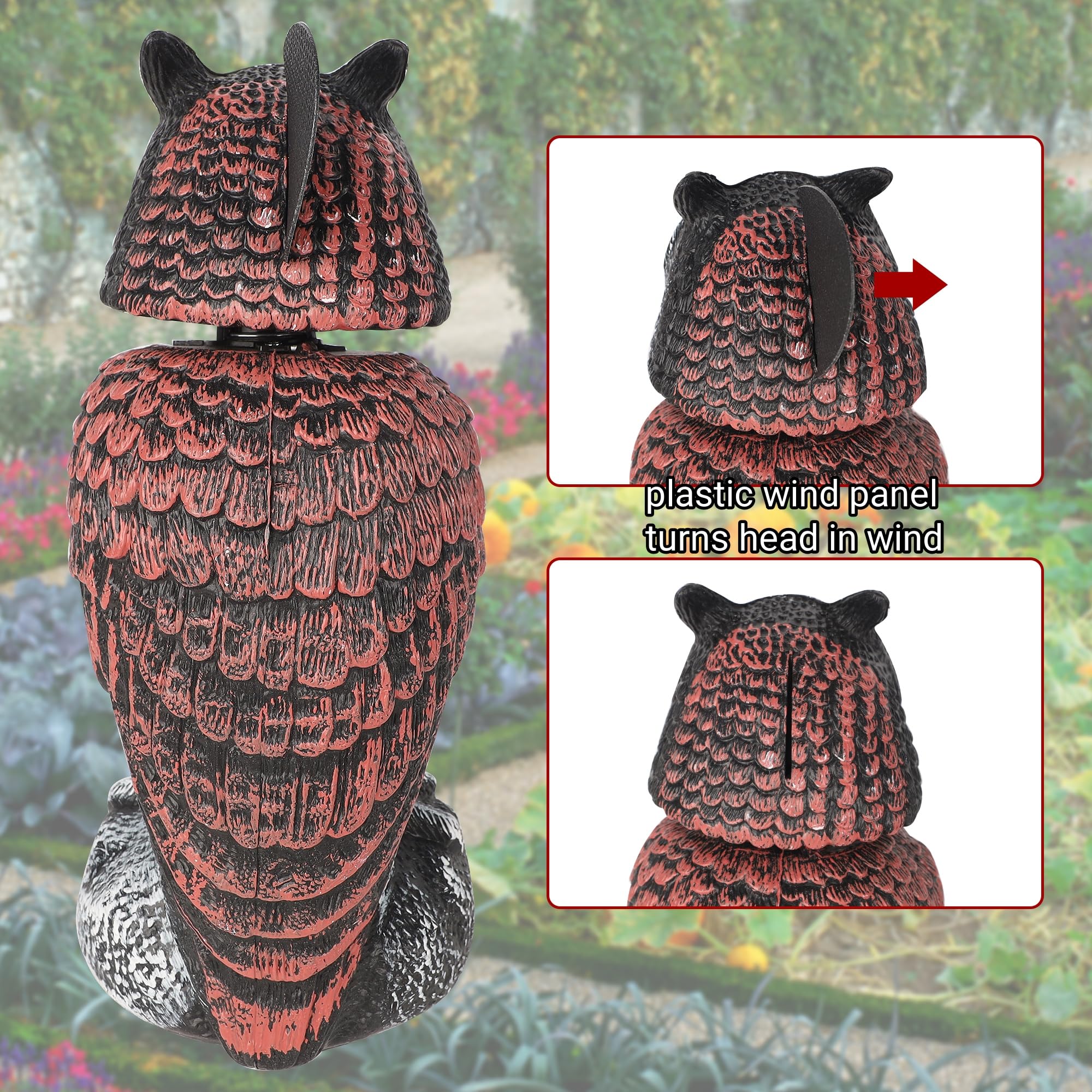 Hausse 2 Pack Fake Owl Decoys to Scare Birds Away, Rotating Head Plastic Owl Bird Deterrents, 10.6 Inch Height Bird Scarecrow Nature Enemy Horned Pest Repellent for Outdoor Garden Yard