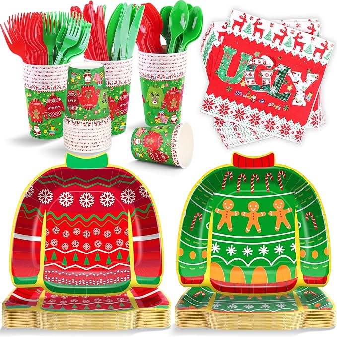 durony 168 Pieces Ugly Sweater Christmas Paper Plates Ugly Sweater Party Decorations Xmas Disposable Dinnerware Set Ugly Party Plates Napkins Cups Cutlery Party Supplies Set, Serves 24 Guests