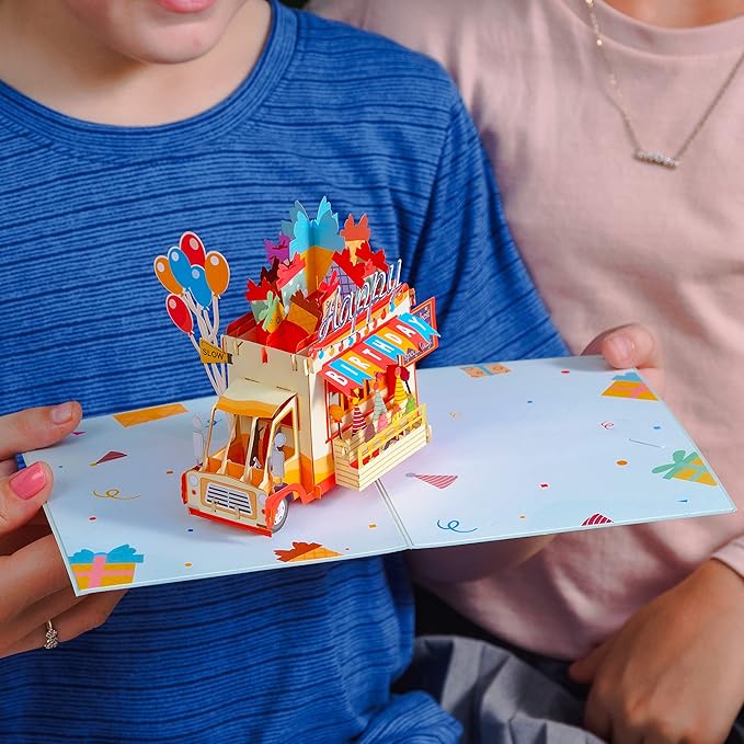 Paper Love Happy Birthday Card, 3D Ice Cream Truck Pop Up Birthday Card, For Boys and Kids - 5"x7" Cover - Includes Envelope and Note Tag