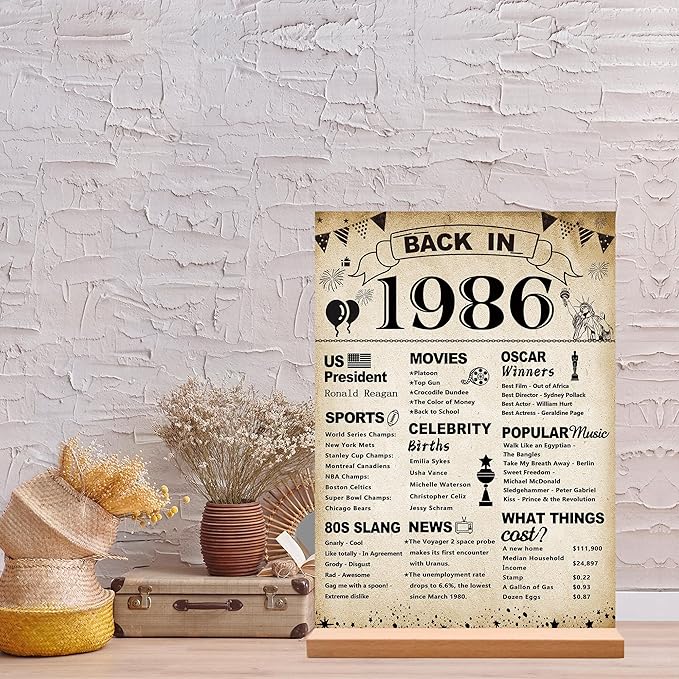DARUNAXY 40th Birthday Party Decorations, Vintage Back in 1986 Poster Acrylic Sign with Stand 40 Year Old Party Supplies for Men& Women Vintage 1986 Table Decor 40th Anniversary Class Reunion Gifts