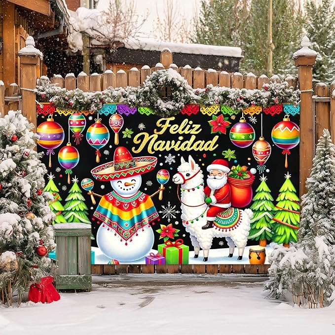 Merry Christmas Banner Winter Feliz Navidad Banner Mexican Christmas Backdrop Snowman Santa Llama Maracas Tree Ornament Scene 71x43 inch for Holiday Party Wall Decor