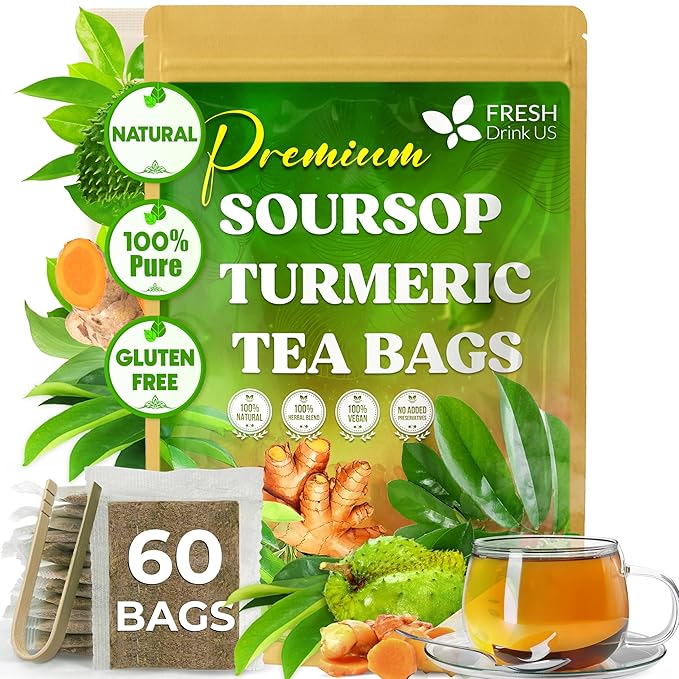 FreshDrinkUS, Premium 60 Soursop Turmeric Tea Bags, 100% Natural, Blend of Soursop Leaves, and Turmeric Root. Made with Natural Material Tea Bags. No Sugar, Vegan.