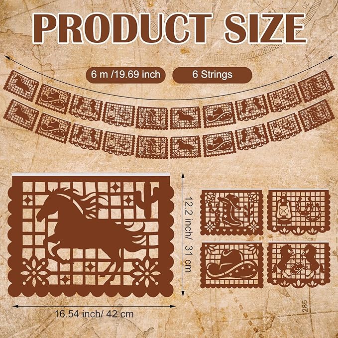 VitalCozy Western Cowboy Papel Picado Banners (6 Packs, 6 x 19.69 ft, Plastic) Fiesta Party Supplies Mexican Wild West Banner Flags Paper Garlands for Western Birthday Party Decorations(Brown)