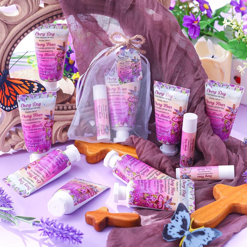 Swiffen 24 Sets Christian Graduation Gifts Hand Cream and Lip Balm Bulk Teacher Appreciation Gifts Bible Verse Thank You Cards with Organza Bag for Graduation Supplies(Cross)