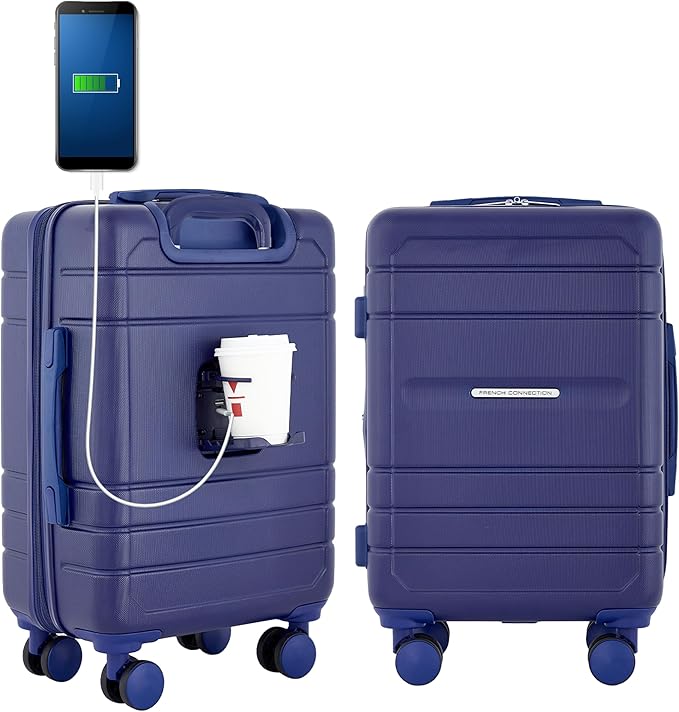 French Connection St. Martin Carry-On Luggage with Cup Holder/USB Ports, Blue Depths