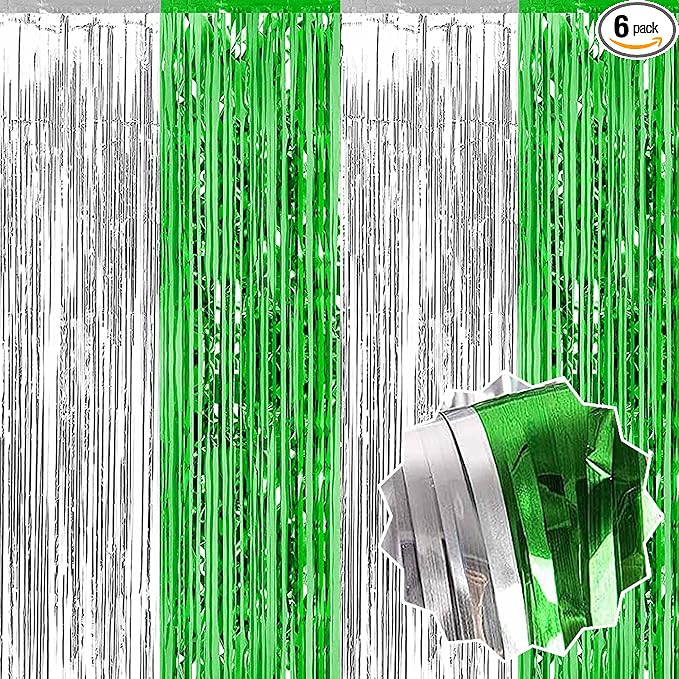 6 Pack Silver Green Foil Fringe Curtains Backdrop, 3.28 x 9.8 Ft Metallic Streamers Tinsel Curtains Background for Photo Booth, Birthday, Halloween, Christmas, Thanksgiving, New Year Party Decorations