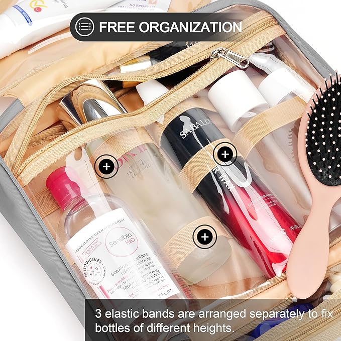 COOSKY Travel Hanging Toiletry Bag for Women, Holds Full-Size Shampoo, with Jewelry Organizer Compartment, Extra Large Makeup Bag, Waterproof Cosmetic Bag, Toiletries Kit Set with Trolley Belt, Grey
