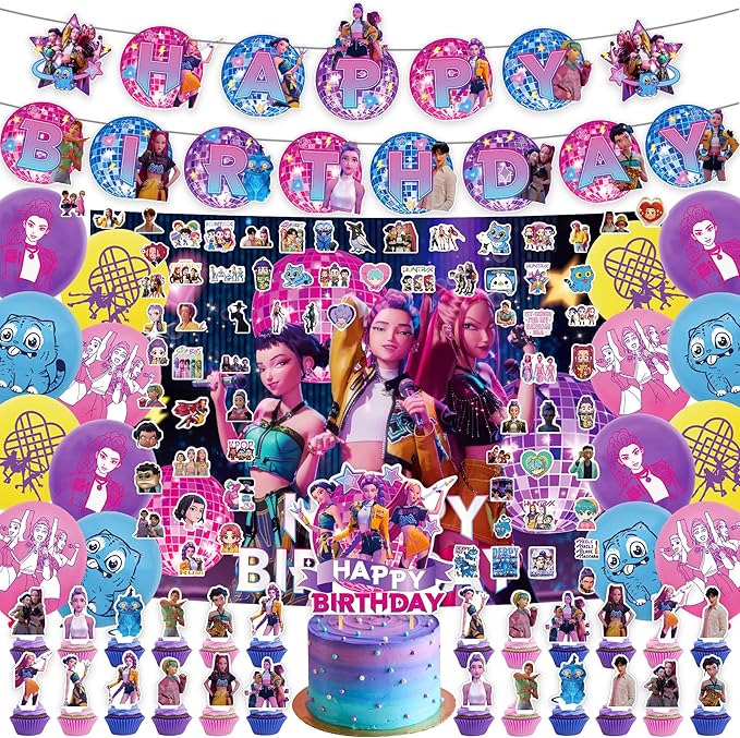 127 Pcs Demon Hunters Birthday Decorations, Party Supplies Kit with Backdrop, Banner, Cake Topper, Cupcake Picks, Balloons, Stickers for Themed Celebration
