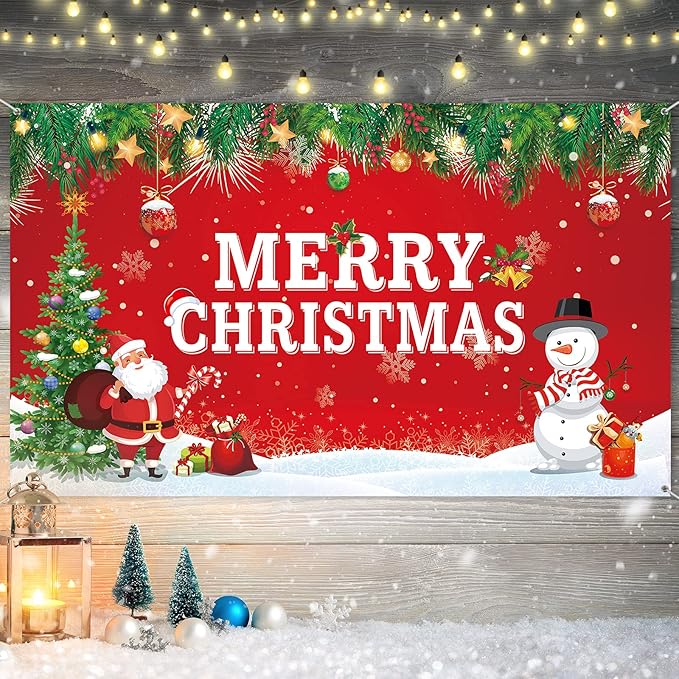 Merry Christmas Backdrop for Photography Banner Large Snow Wonderland Backdrop Winter Snowman Scene Xmas Santa Tree Background for Outdoor Indoor Christmas Decorations Party Gifts, 72.8 x 43.3 Inch