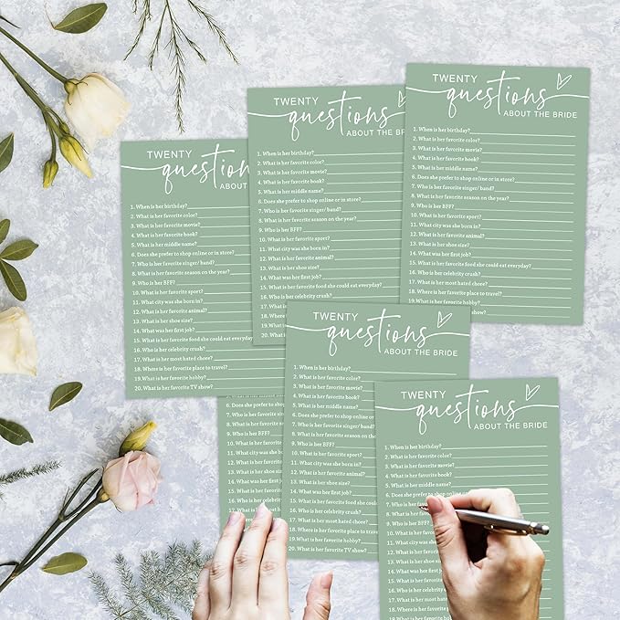 20 Questions About The Bride, Sea Green Bridal Shower Games, 30 Elegant Wedding Game for Bachelorette Engagement Party Reception Supplies - A07