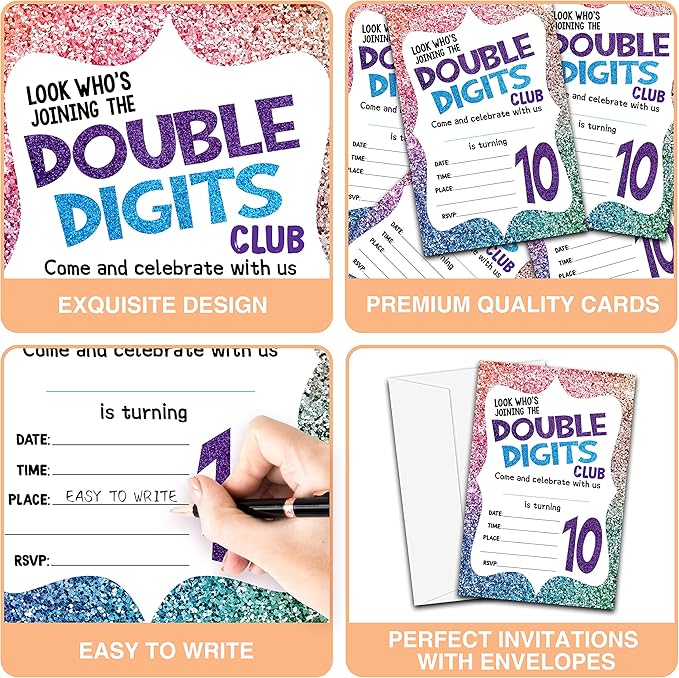 10th Birthday Party Invitations, 20-Count Fill-in Style Birthday Party Invites With Envelopes-HBYQK-B34