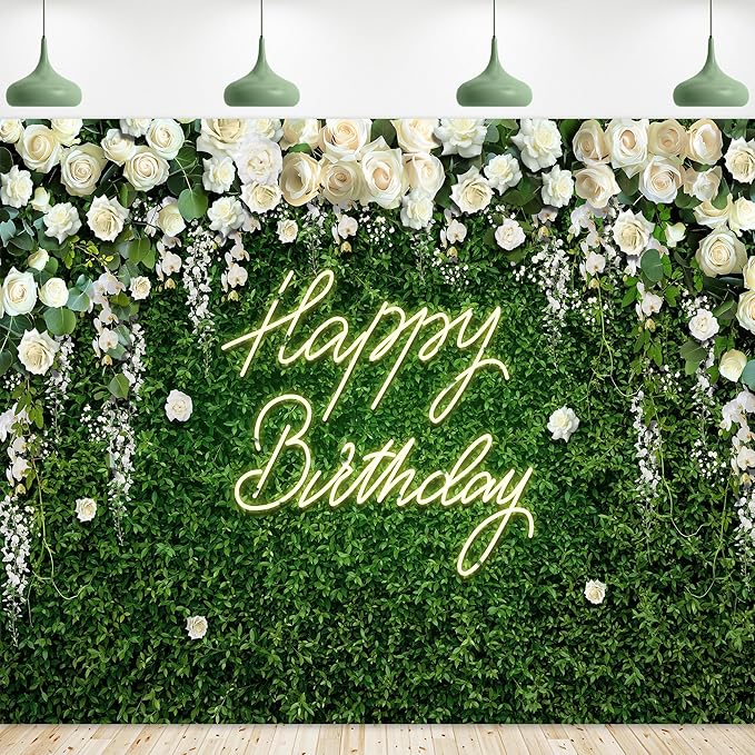 Riyidecor Green Leaves Birthday Backdrop Polyester Fabric Blooming White Rose Flower Floral Elegant Greenery Grass Wall Natural Plant 5Wx3H Feet Photography Background Birthday Photo Studio Shoot