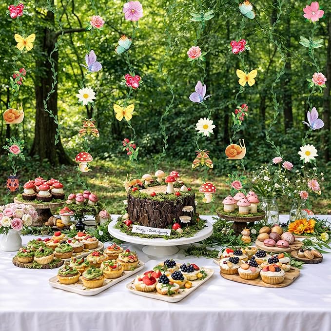 Garden Party Decorations Garland, Ready to Hang Wildflower Party Decorations with Double Sided Flowers Butterflies and Green Vines for Fairy Forest Baby Shower Birthday Tea Party
