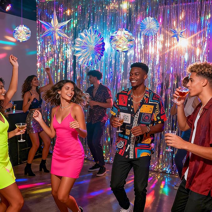 BTSD-home Iridescent Party Decorations, Hanging Honeycomb Balls, Paper Fans & 3D Star Ornaments, Holographic Ceiling Decor for Birthday, Wedding, Baby Shower, Christmas, Disco & Euphoria Theme Parties