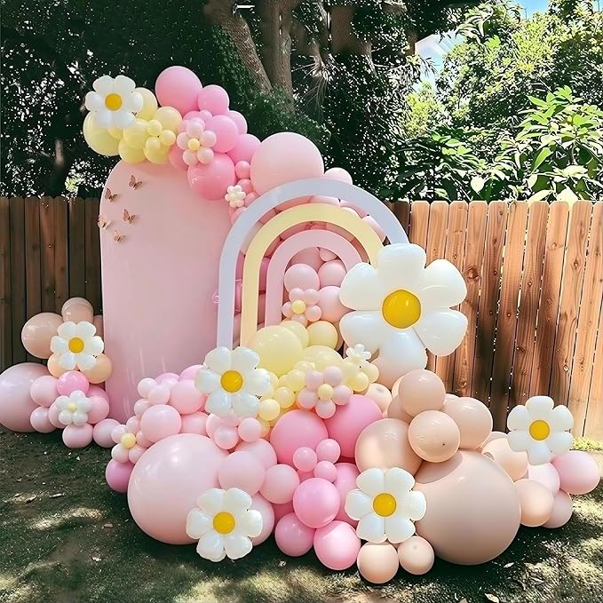 Daisy Balloon Garland Arch Kit Macaron Pastel Pink And Yellow Boho Groovy Party For Baby Shower Wedding Birthday Sunflower Decor