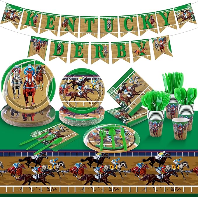 Kochorie 196 Pieces Horse Racing Tableware Set Include Disposable Plates Cups Napkins Banner Plastic Tablecloth Cutlery for Horse Racing Party Supplies, Serve 24 Guests