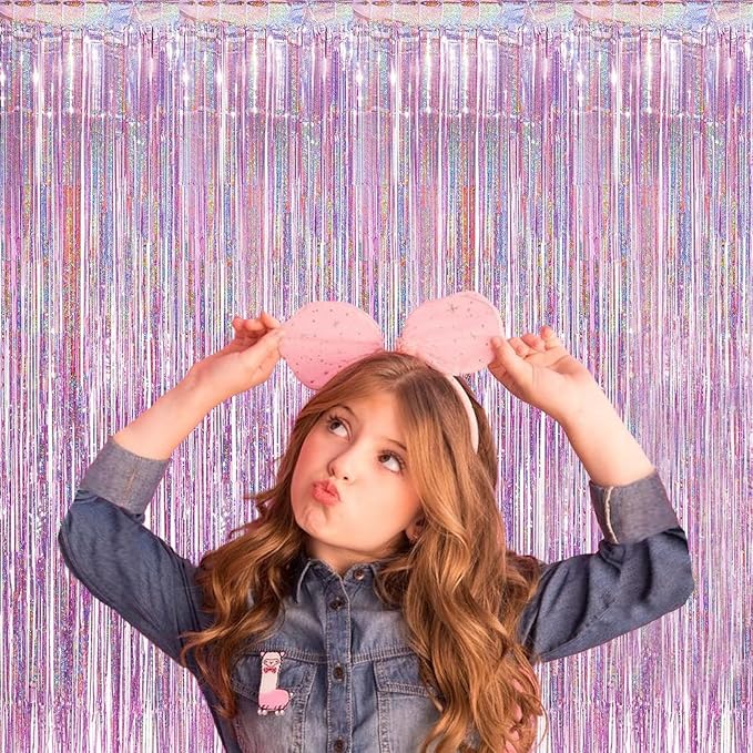 3Pack Pink Foil Fringe Curtain Backdrop - 3.3ft x 8.3ft Metallic Tinsel Photo Booth Decor for Bachelorette Party Decorations