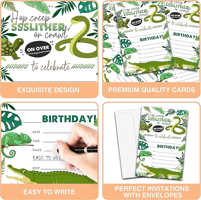 Reptile Birthday Party Invitations, 20-Count Snake Lizard Crocodile Theme Birthday Party Invites With Envelopes-HBYQK-B35