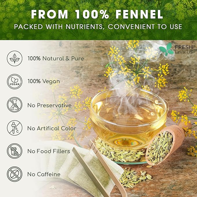 FreshDrinkUS, Premium 75 Fennel Seed Tea Bags – 100% Natural & Pure, Handmade Herbal Tea, Eco-Friendly, Fresh Aroma, Made with Natural Material Tea Bags. No Sugar, No Caffeine, No Gluten, Vegan.