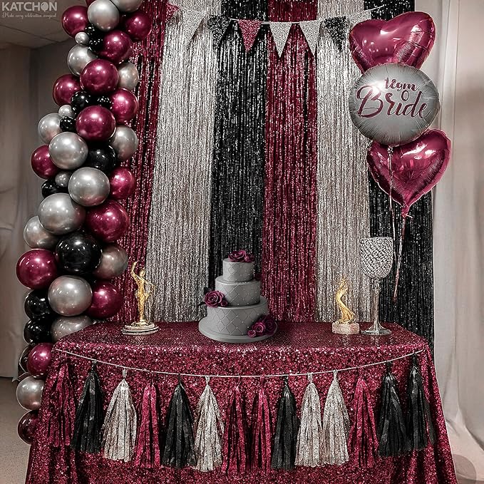 KatchOn, Burgundy Black and Silver Foil Fringe Curtains – Pack of 6 | Tinsel Backdrop for Bridal Shower, Bachelorette Party Decorations | Streamer Backdrop for Christmas, Halloween Decorations Indoor