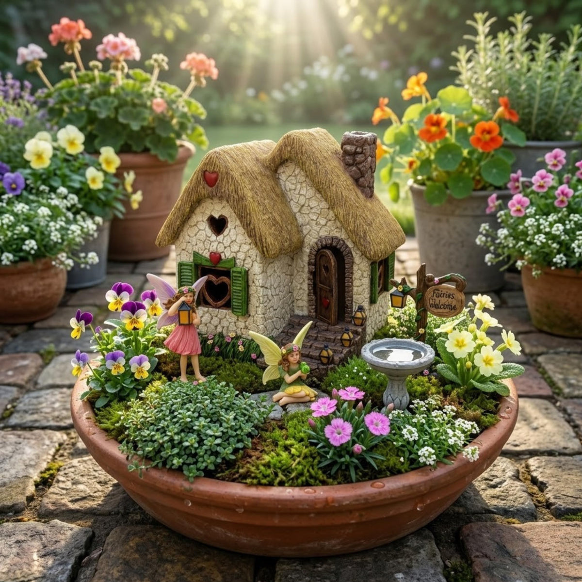 PRETMANNS Fairy House for Garden Outside Accessories Kit, 7" H, 4 Pieces