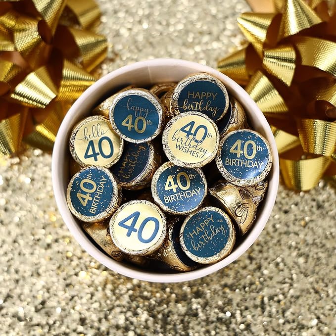 40th Birthday Party Favor Stickers – 180 Navy Blue and Gold Foil Labels for Chocolate Kisses – Candy Decorations for 40th Birthday Celebration – Milestone Party Supplies for Him or Her