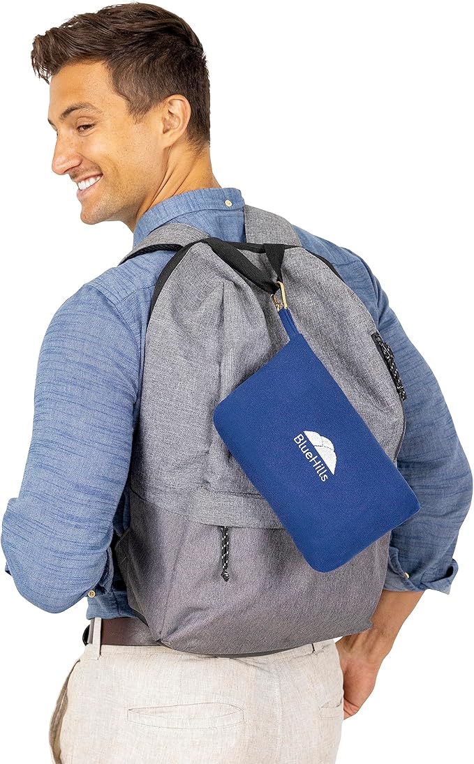 BlueHills Travel Blanket Pillow Compact Lightweight Pocket Size Airplane Traveling Essential Flight Trip Throw in Bag Portable Case Plane Accessory Navy Blue L04