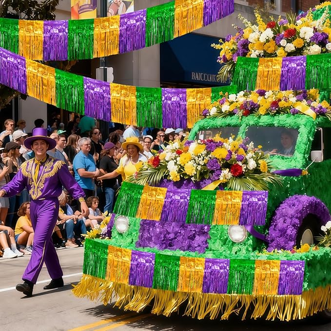 4 Packs 10 Feet Long Foil Fringe Mardi Gras Garland Green Gold Purple Tinsel Metallic Streamers Wall Hanging Birthday Backdrop Banner for Carnaval Car Parade Floats Streamer Decorations