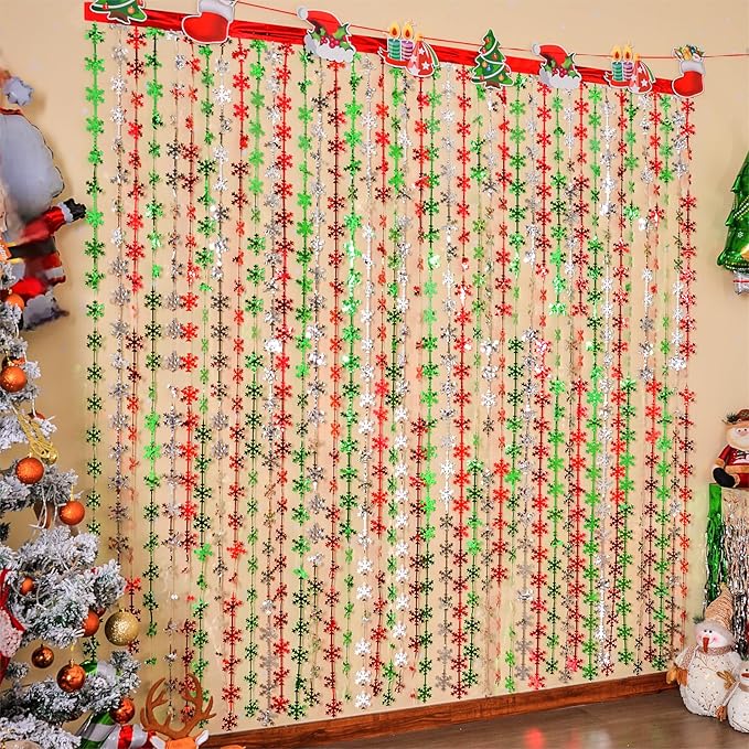 LOLStar Christmas Party Decorations, 2 Pack Foil Fringe Curtains 3.3 X 6.6 ft Red Silver Green Snowflake Tinsel Streamers Photo Backdrop for New Year, Ugly Sweater Party