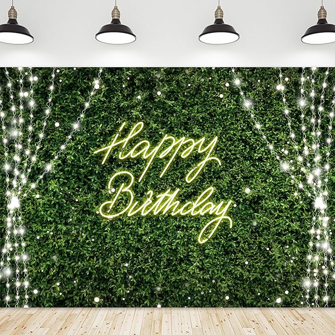 Riyidecor Green Happy Birthday Backdrop Polyester Fabric for Woman Rustic Spring Leaf Grass Neon 8Wx6H Feet Plant Botanical Leaves Nature Photography Background Birthday Baby Shower Photo Studio Shoot