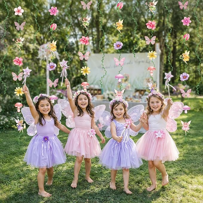 Fairy Birthday Party Garlands, Ready to Hang Fairy First Birthday Decorations with Double Sided Flowers Butterflies and Green Vines for Fairy Baby Shower, Girls Birthday and Garden Party