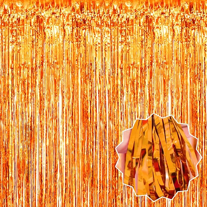 6 Pack Orange Foil Fringe Curtains Backdrop, 3.28 x 8.2 Ft Metallic Streamers Tinsel Curtains Background for Photo Booth, Birthday, Christmas, Halloween, Thanksgiving, New Year Party Decorations