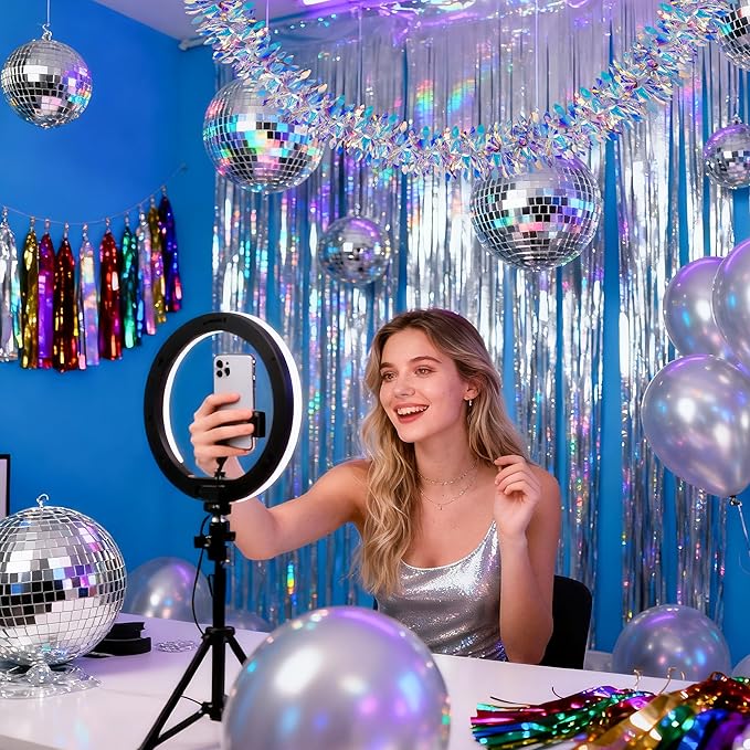 BTSD-home 2 Pack Iridescent Party Decoration Hanging Tinsel Garland Shiny Metallic Foil Reusable Fold-Flat Frozen Themed Party Supplies for Classrooms Bedrooms Pools Windows and Christmas Trees