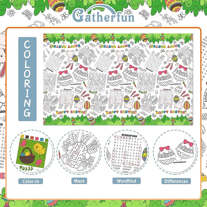 Gatherfun Disposable Easter Color-in Paper Tablecloth Decoration，Happy Easter Paper Table Cover for Children School Party Decor-54 x 88 in，1 pcs