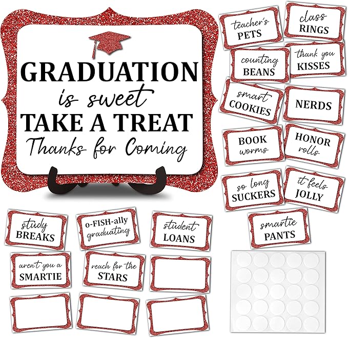 20PCS Graduation Candy Buffet Labels, 1 Red Glitter Candy Buffet Table Sign with Stand, Catering Supplies Display for Graduation Decorations Class of 2026 -A04-2