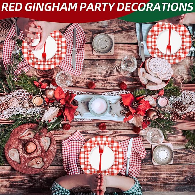 100 Pcs Red White Gingham Party Supplies Set, Serves 25 – Disposable Checkered Paper Plates, Napkins, and Forks, Classic Picnic Themed Tableware for BBQ, Outdoor, Birthday, Holiday Party Decorations