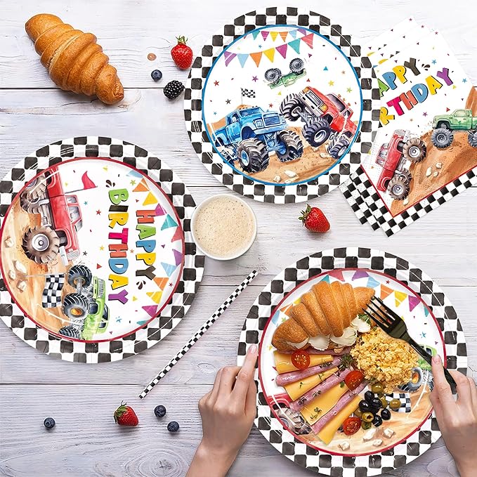 144pcs Monster Truck Birthday Party Supplies Plates Napkins Disposable Paper Cups and Straws Monster Truck Party Decorations Tableware Set for Kids Boys Birthday Decor 24 Guests