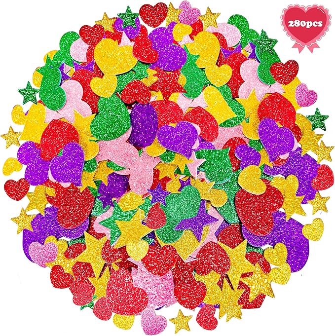 Stickers for Kids - 280 PCS Glitter Foam Reward Stickers for Kids Classroom | Self Adhesive Stars Mini Heart Shapes Glitter Stickers for Teachers Students - Arts Craft Scrapbook Supplies Party Favors
