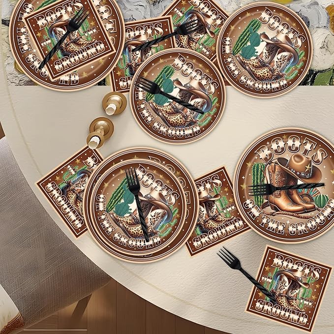 Rakuto Boots on the Ground Decorations, 96PCS Western Cowboy Party Brown Disposable Paper Plates and Napkins Decoration, Boots on the Ground Birthday Forks Table Decor Serve 24