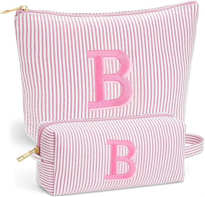 Birthday Gifts for Women - Custom Initial Makeup Bag Set, Portable Makeup Pouch Cosmetic Bag with Zipper, Travel Essentials Toiletry Bag Travel Gifts for Women, Light Pink B