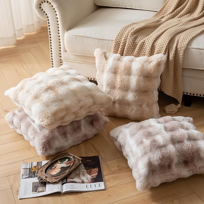 Pack of 2 Thick Plush Throw Pillow Covers Fluffy Wave Faux Fur Decorative Cushion Covers Soft Wool Pillowcase for Sofa Couch Livingroom 16x16 Inch White Beige