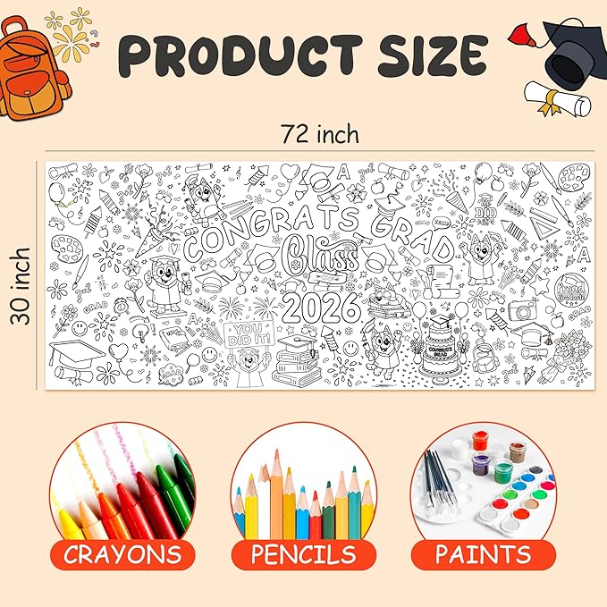 Graduation Giant Coloring Tablecloth,Kindergarten Graduation Gifts - 72x30 Inches, Paper Coloring Banner Games Activities Gifts Party Decorations for 5th Grade Preschool
