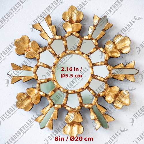 Decorative Gold Mirror 7.8in for wall home decorations | Peruvian Hand-carved wood Accent Wall Mirror for room decor